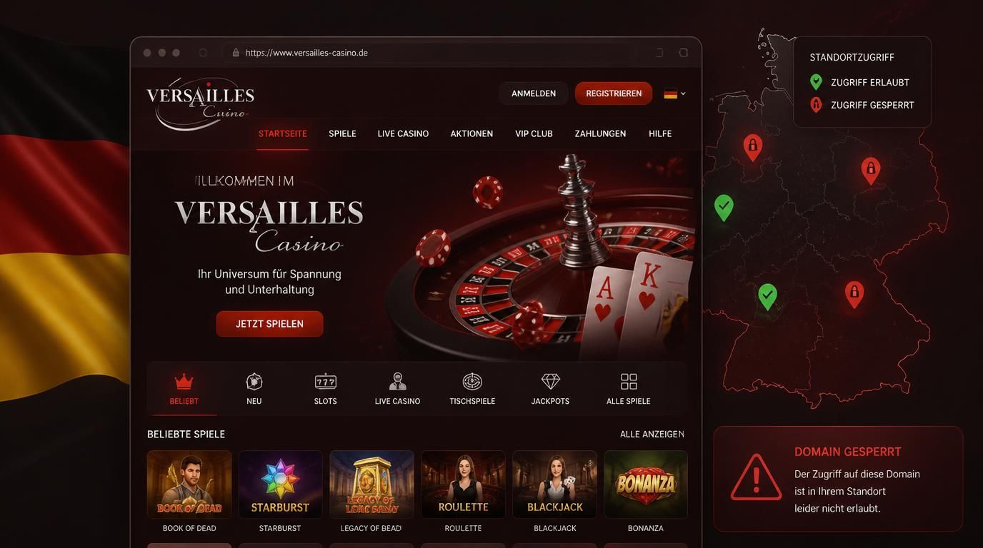 Ein Browser‐Fenster des Casinos vor Deutschlandkarte mit Symbolen für gesperrte &, erlaubte Standorte.