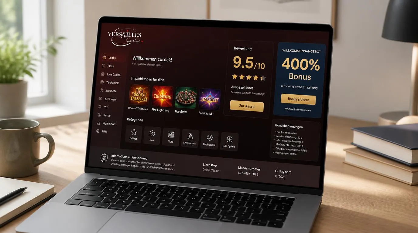 Casino-Bewertung neben einer Kassenansicht mit Einzahlungsbonus und Hinweis auf Bonusbedingungen