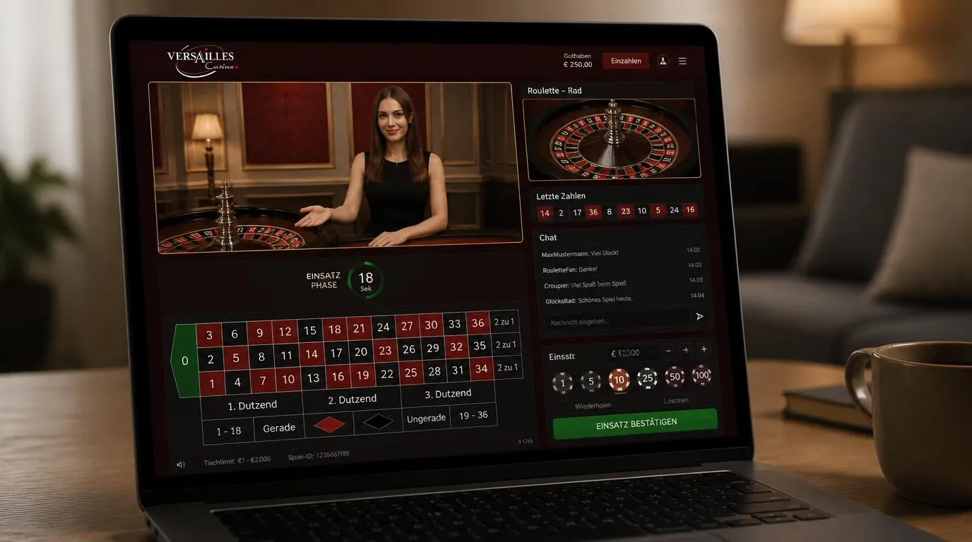 Live-Casino-Oberfläche mit Dealer-Stream, Einsatzfeld, Chat, Rundenhistorie und mehreren Kameraperspektiven