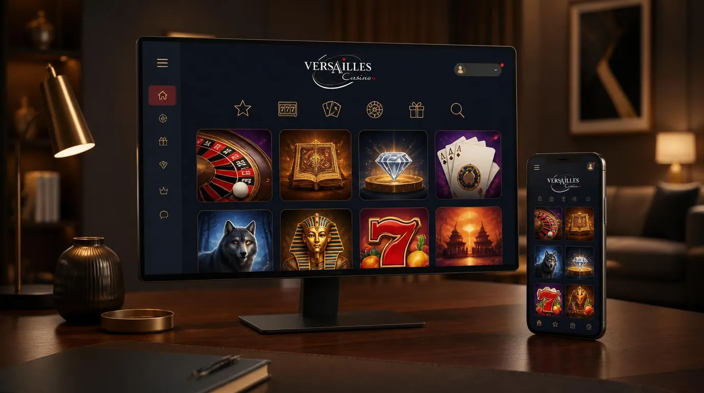 Desktop und Smartphone mit übersichtlicher Casino-Spielauswahl in einem eleganten, ruhigen Arbeitsbereich
