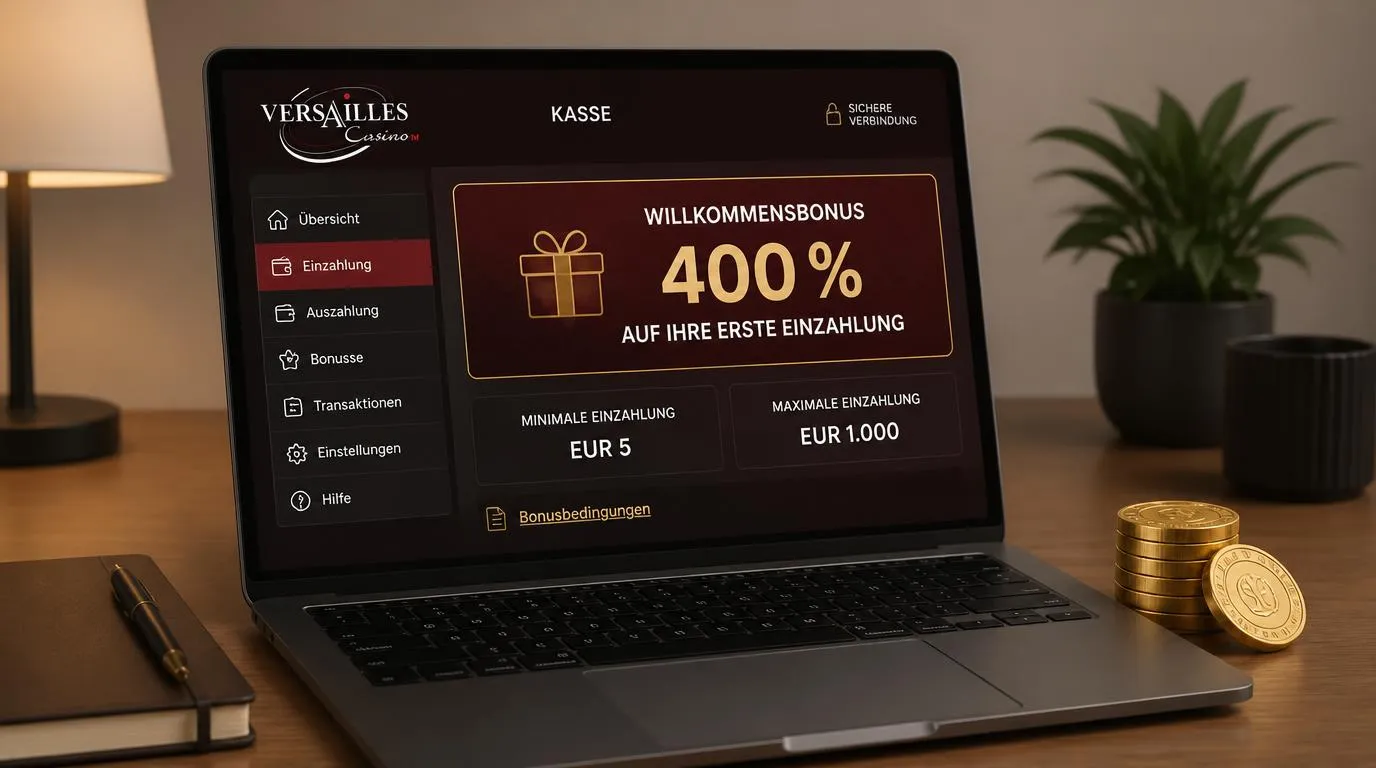 Casino-Kassenansicht mit 400 Prozent Willkommensbonus und Einzahlungsgrenzen von EUR 5 bis EUR 1.000