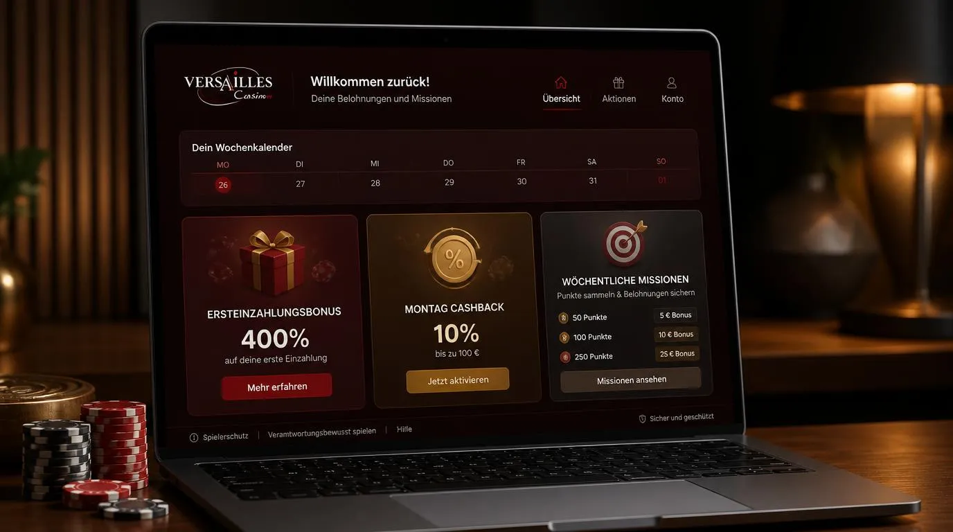 Casino-Dashboard mit Wochenplan für Cashback, Missionen und Willkommensbonus