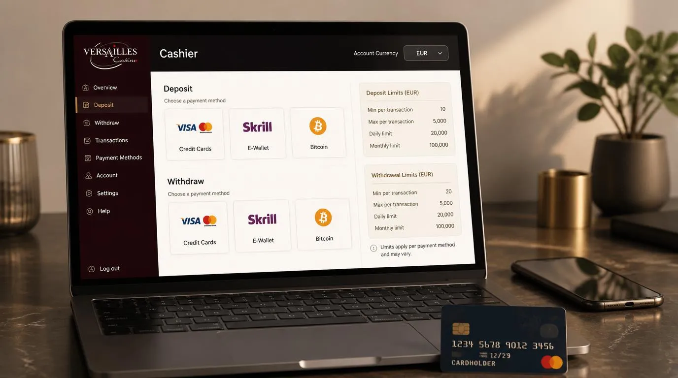 Casino-Kassenansicht mit Eurokonto, Kartenzahlung, E-Wallet und klar angezeigten Ein- und Auszahlungslimits